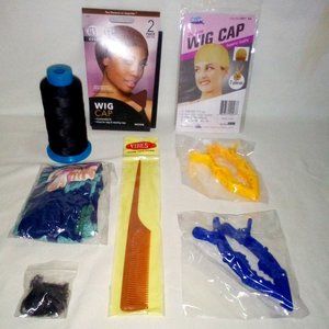 (4) Wig Caps, Weaving Thread, Clips, Com, Net, Wax Stick and Headband